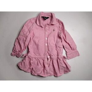 Polo Ralph Lauren Girls Pink Oxford Drop Waist Ruffle Dress 2T Long Sleeve Pony